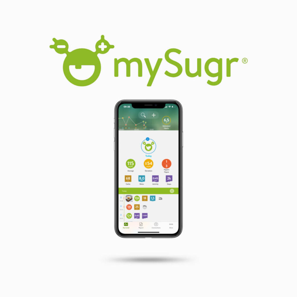 לוגו אפליקציית mysugr בשילוב מסך הבית של האפליקציה