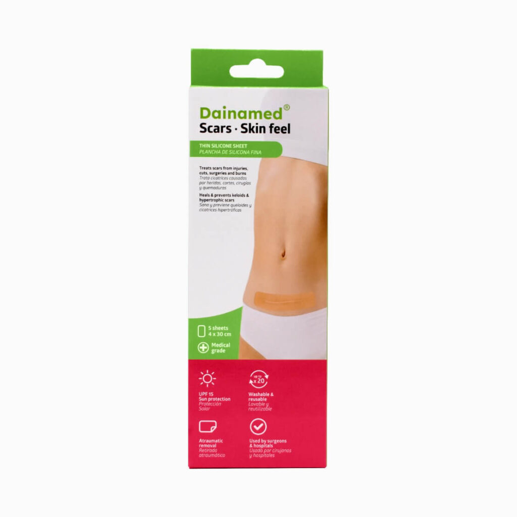 מארז 5 יריעות סיליקון דקות לניתוח קיסרי ובטן Dainamed Skin Feel - גודל 4X30 ס"מ - אריזה קדמית