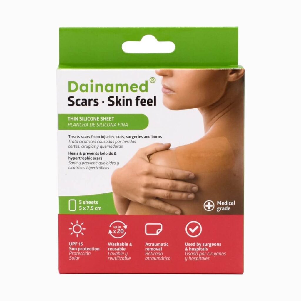 מארז 5 יריעות סיליקון דקות לצלקות Dainamed Skin Feel - גודל 5X7.5 ס"מ - קופסה
