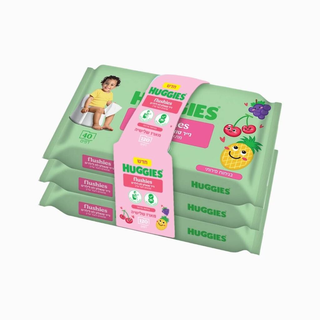 האגיס Huggies Flushies נייר טואלט לח לילדים נשטף באסלה בניחוח פירותי – מארז שלישייה (120 דפים)
